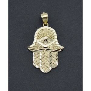 Real 10K Solid Yellow Gold Shiny Hamsa Hand Lucky Jewish Filigree Pendant 2.1gr